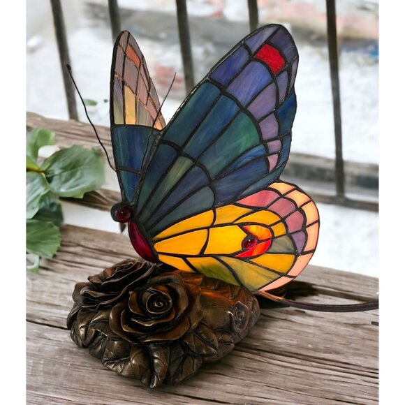 Other - Tiffany Style Butterfly Accent Lamp Night Light Vintage Slag Glass Rose Base